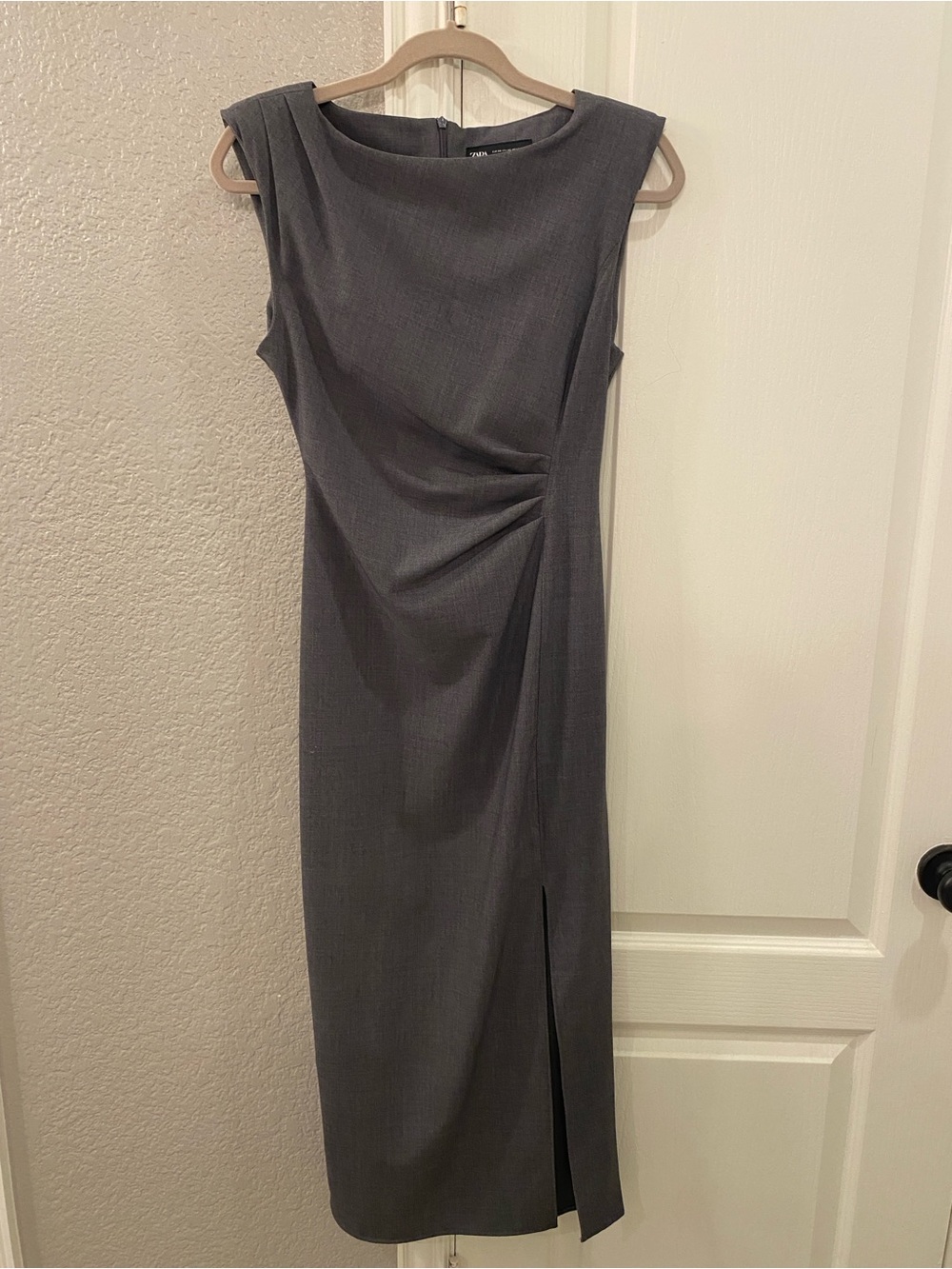 Zara Grey Draped Pleated Waist Sleeveless Midi Bodycon Dress with Front Slit